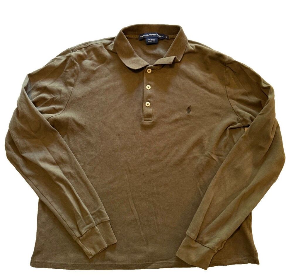 Ralph Lauren Sport Polo Shirt Womens L Olive Green Long Sleeve Cotton Top